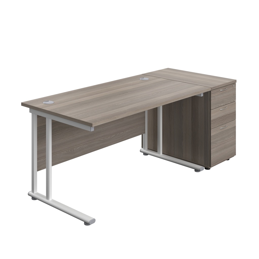 Twin Upright Rectangular Desk + Desk High 3 Drawer Pedestal (FSC) | 1400X800 | Grey Oak/White | 