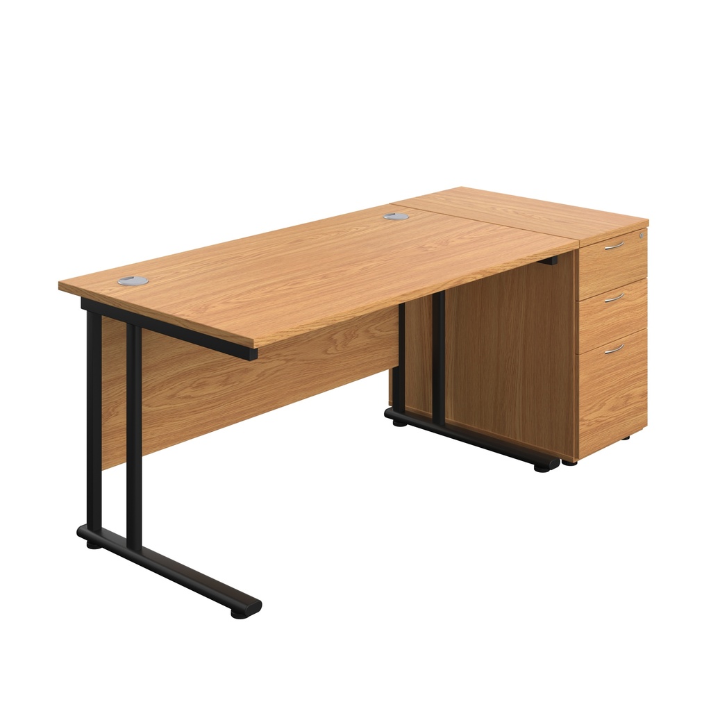 Twin Upright Rectangular Desk + Desk High 3 Drawer Pedestal (FSC) | 1400X800 | Nova Oak/Black | 