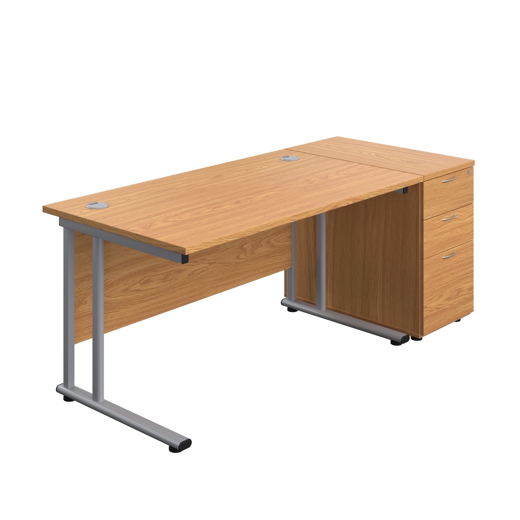 Twin Upright Rectangular Desk + Desk High 3 Drawer Pedestal (FSC) | 1400X800 | Nova Oak/Silver | 