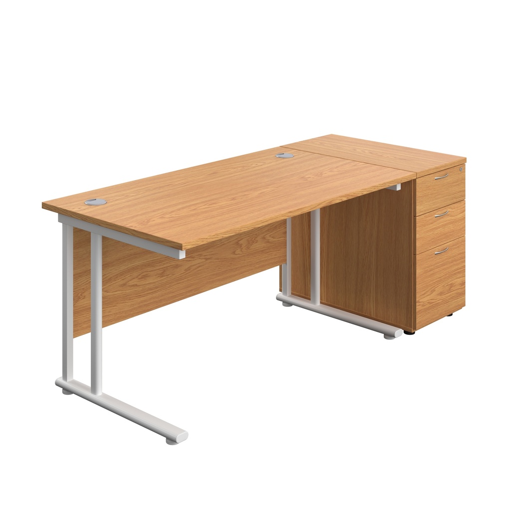 Twin Upright Rectangular Desk + Desk High 3 Drawer Pedestal (FSC) | 1400X800 | Nova Oak/White | 