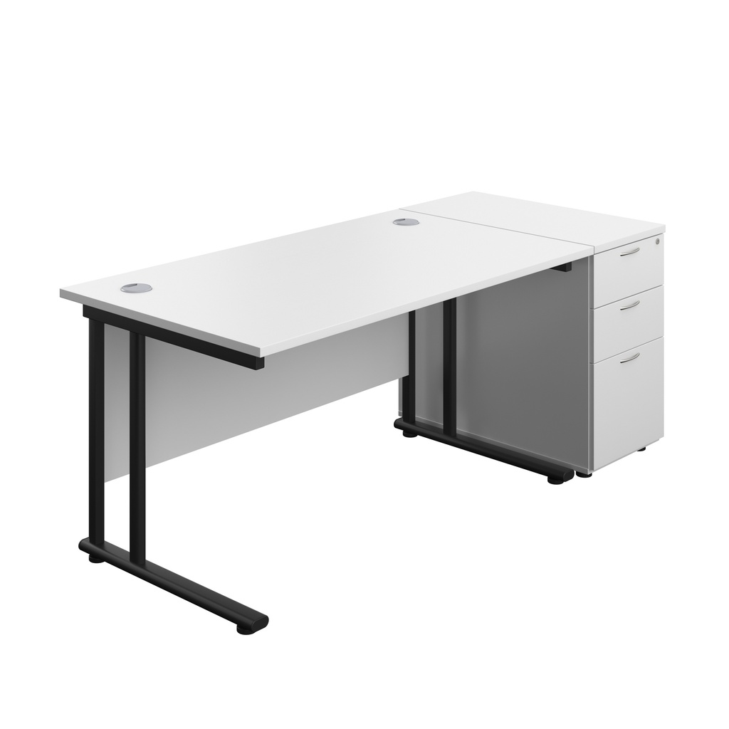 Twin Upright Rectangular Desk + Desk High 3 Drawer Pedestal (FSC) | 1400X800 | White/Black | 