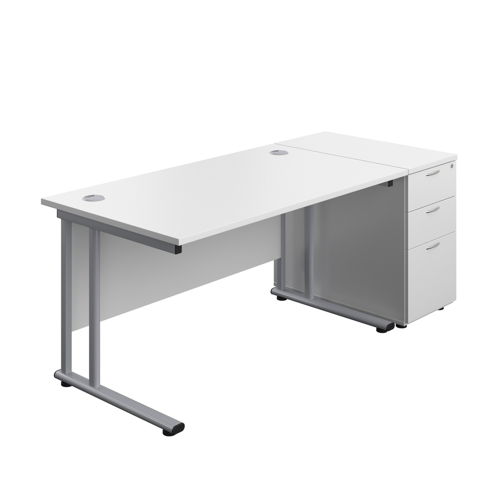 Twin Upright Rectangular Desk + Desk High 3 Drawer Pedestal (FSC) | 1400X800 | White/Silver | 