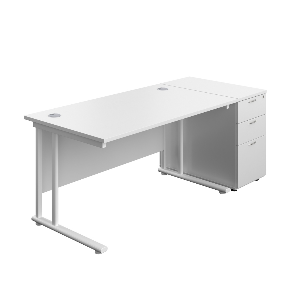 Twin Upright Rectangular Desk + Desk High 3 Drawer Pedestal (FSC) | 1400X800 | White/White | 