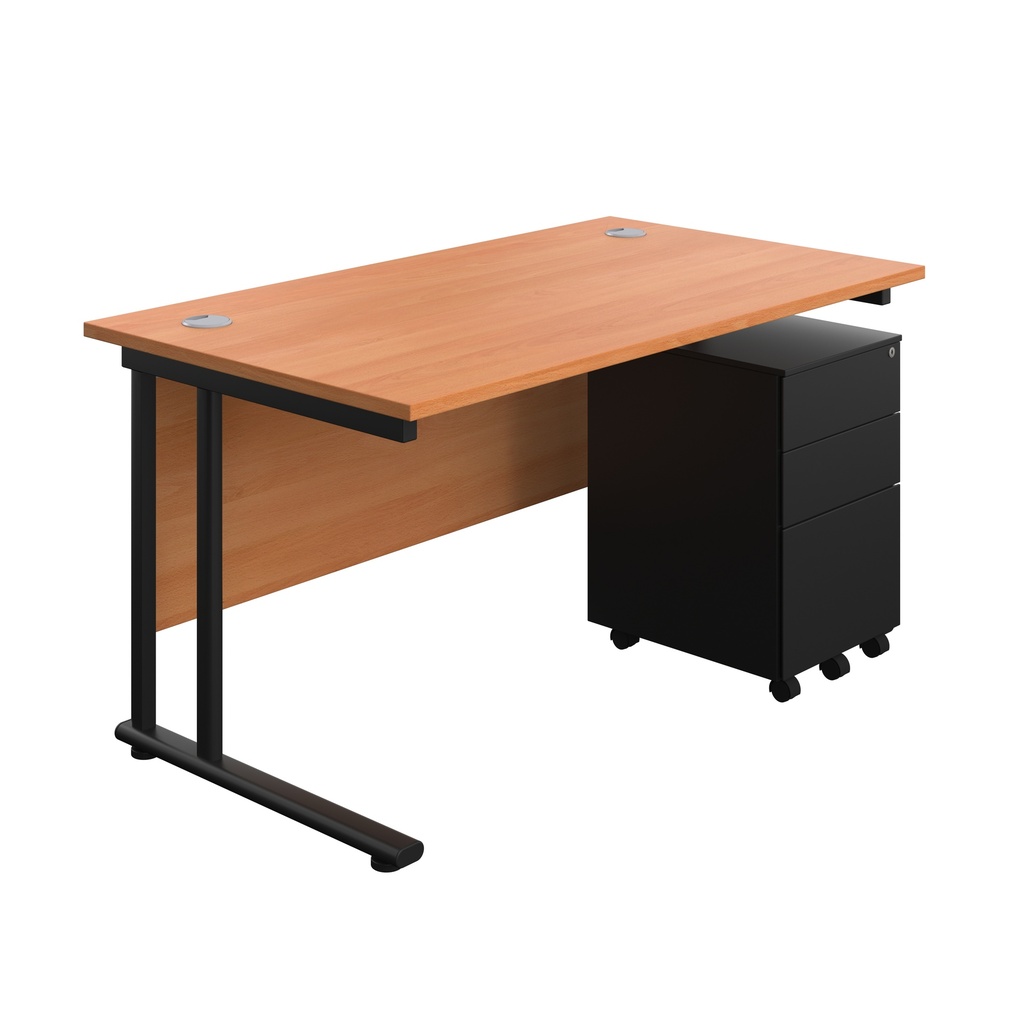 Twin Upright Rectangular Desk + Under Desk Steel Pedestal 3 Drawers (FSC) | 1400X800 | Beech/Black | 