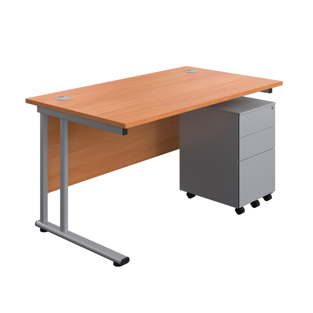 Twin Upright Rectangular Desk + Under Desk Steel Pedestal 3 Drawers (FSC) | 1400X800 | Beech/Silver | 