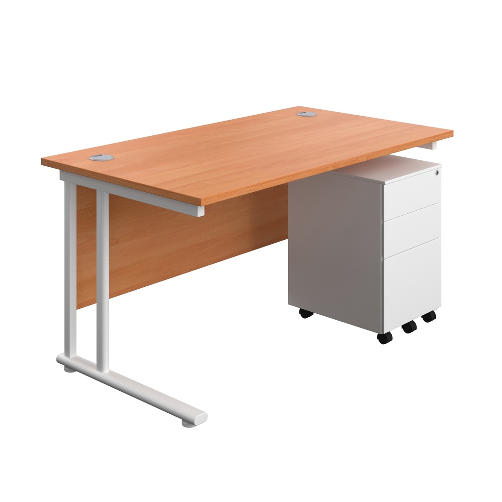 Twin Upright Rectangular Desk + Under Desk Steel Pedestal 3 Drawers (FSC) | 1400X800 | Beech/White | 