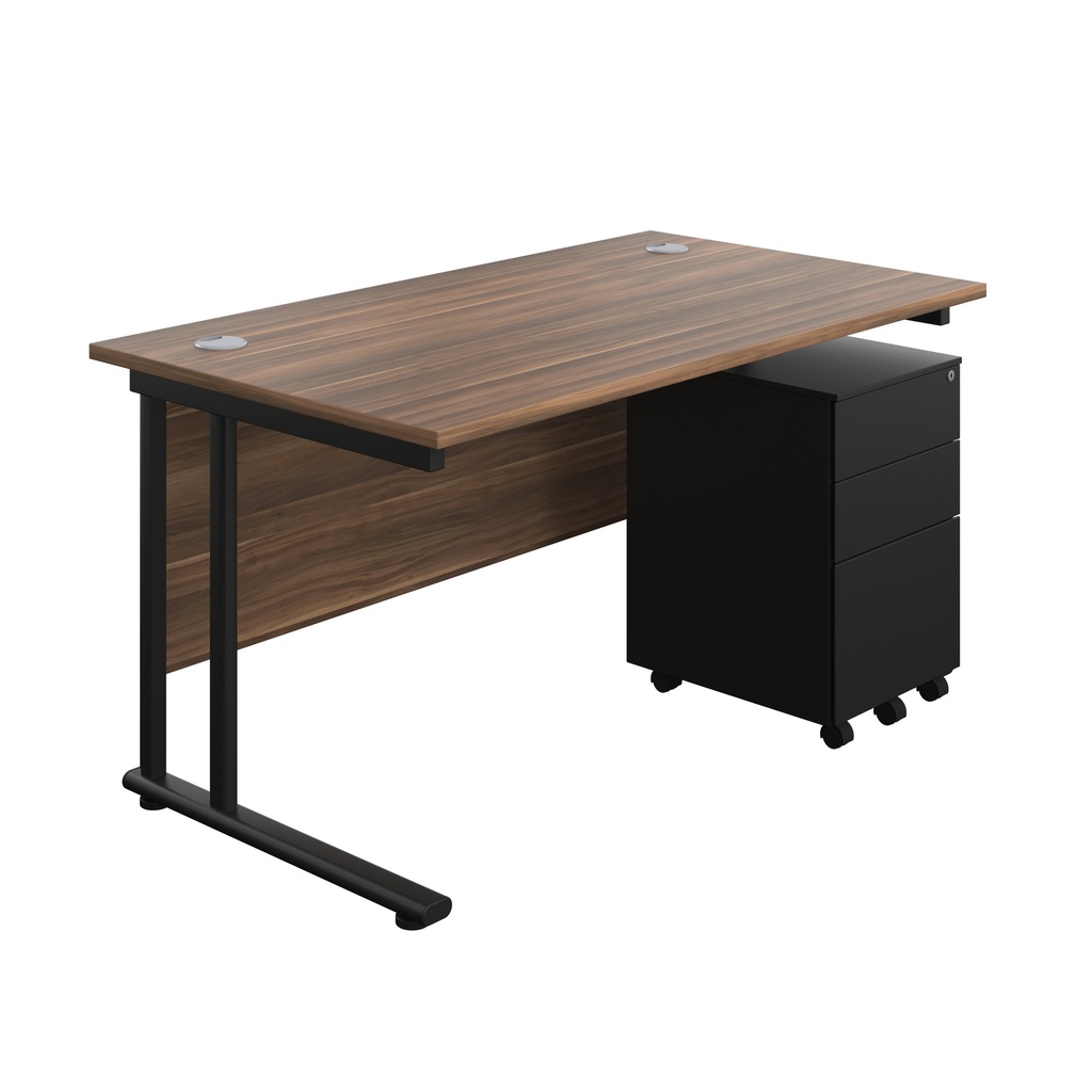 Twin Upright Rectangular Desk + Under Desk Steel Pedestal 3 Drawers (FSC) | 1400X800 | Dark Walnut/Black | 