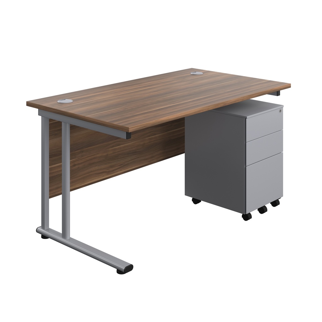 Twin Upright Rectangular Desk + Under Desk Steel Pedestal 3 Drawers (FSC) | 1400X800 | Dark Walnut/Silver | 