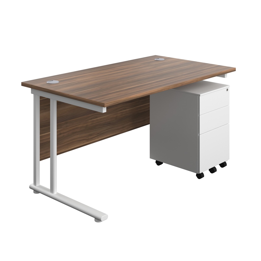 Twin Upright Rectangular Desk + Under Desk Steel Pedestal 3 Drawers (FSC) | 1400X800 | Dark Walnut/White | 