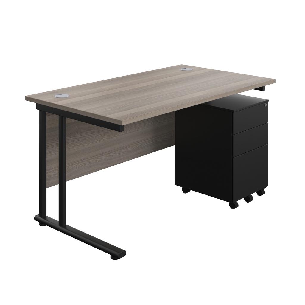 Twin Upright Rectangular Desk + Under Desk Steel Pedestal 3 Drawers (FSC) | 1400X800 | Grey Oak/Black | 