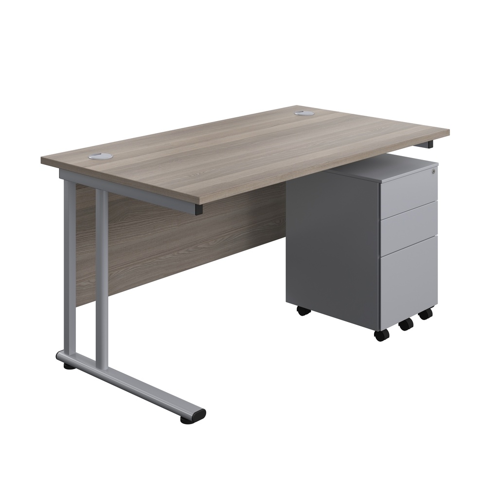Twin Upright Rectangular Desk + Under Desk Steel Pedestal 3 Drawers (FSC) | 1400X800 | Grey Oak/Silver | 