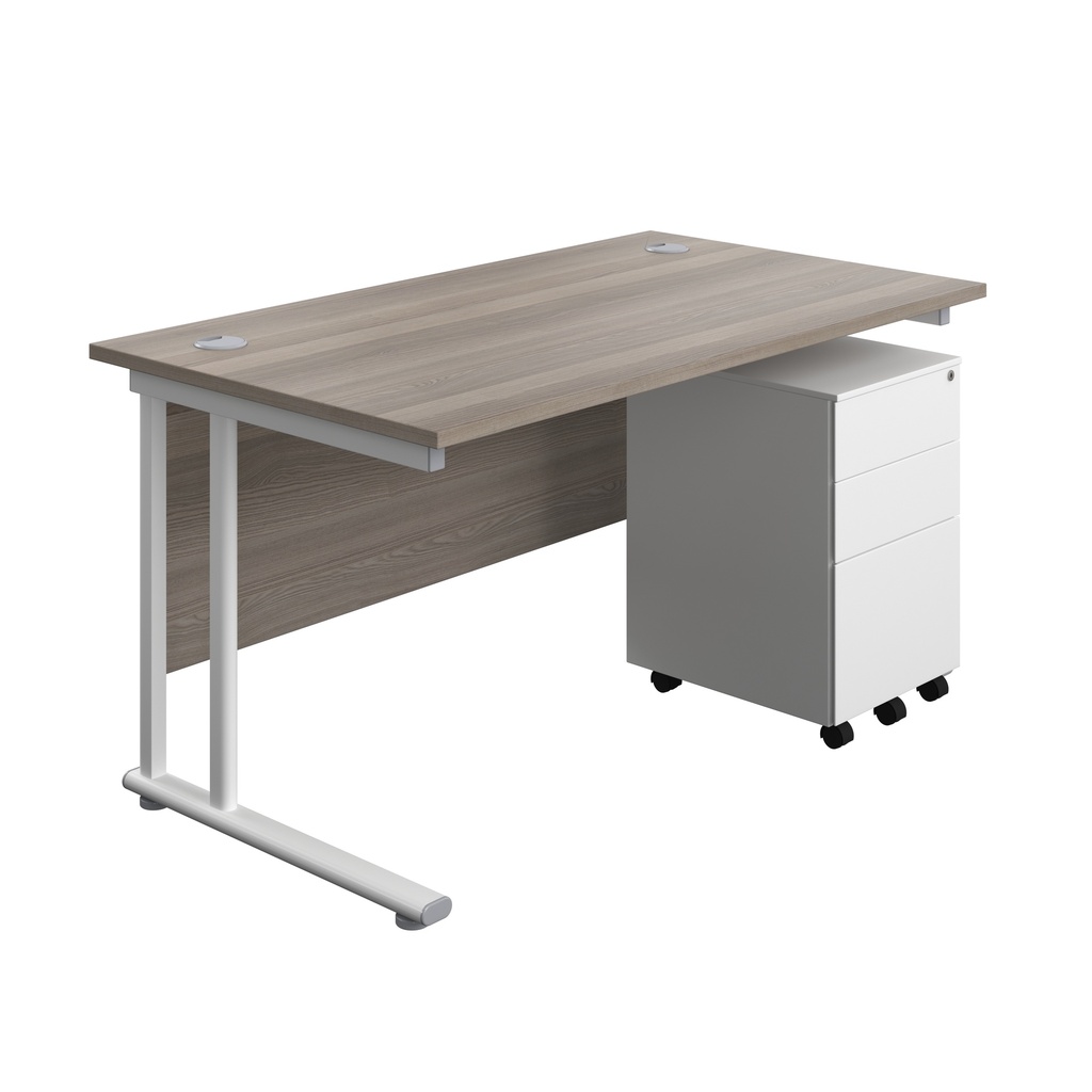 Twin Upright Rectangular Desk + Under Desk Steel Pedestal 3 Drawers (FSC) | 1400X800 | Grey Oak/White | 