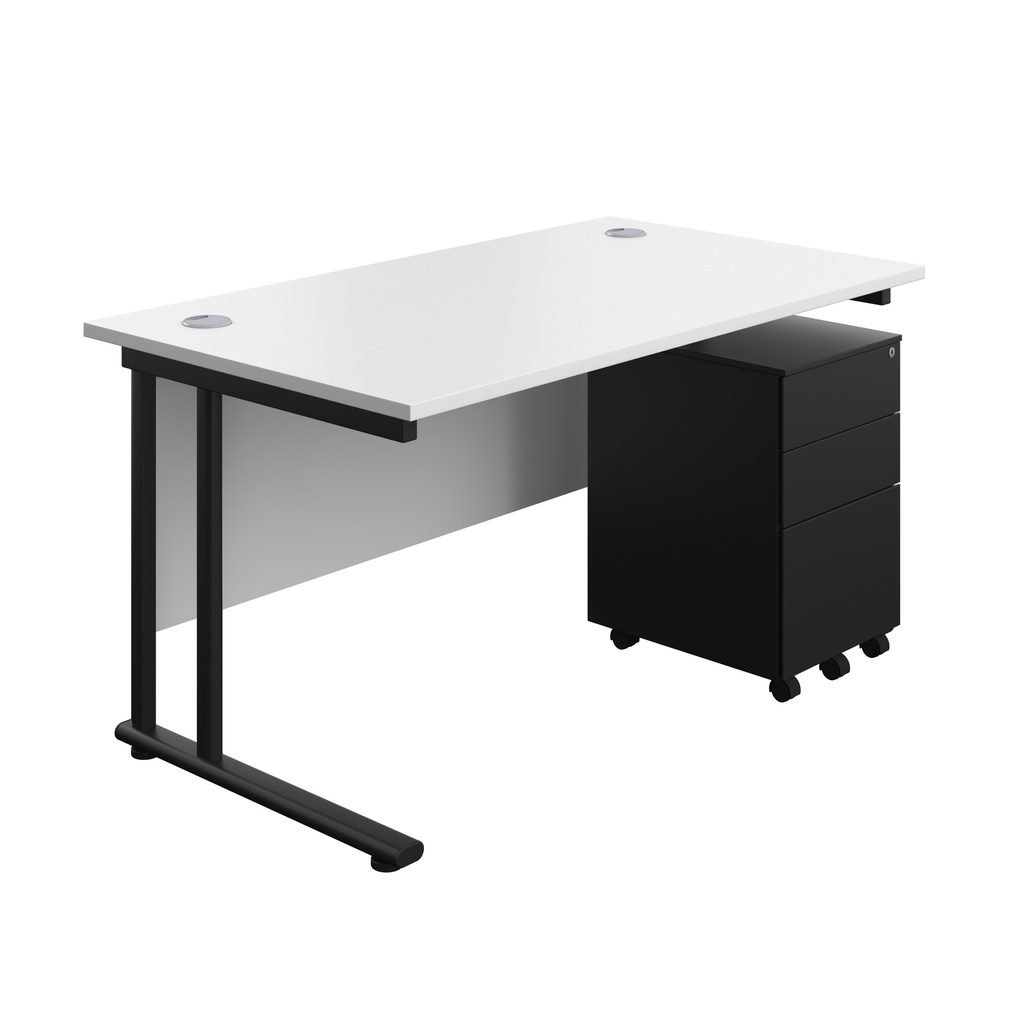 Twin Upright Rectangular Desk + Under Desk Steel Pedestal 3 Drawers (FSC) | 1400X800 | White/Black | 