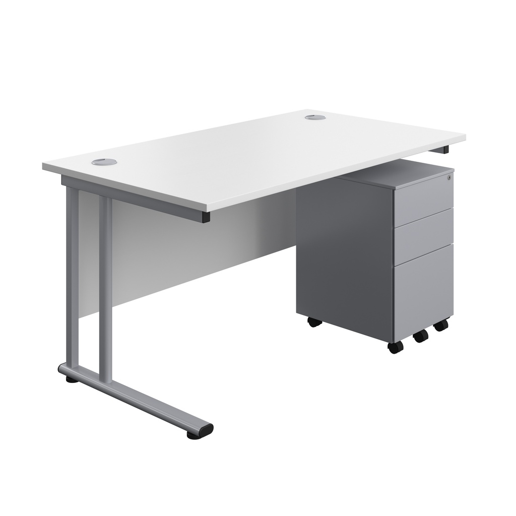 Twin Upright Rectangular Desk + Under Desk Steel Pedestal 3 Drawers (FSC) | 1400X800 | White/Silver | 
