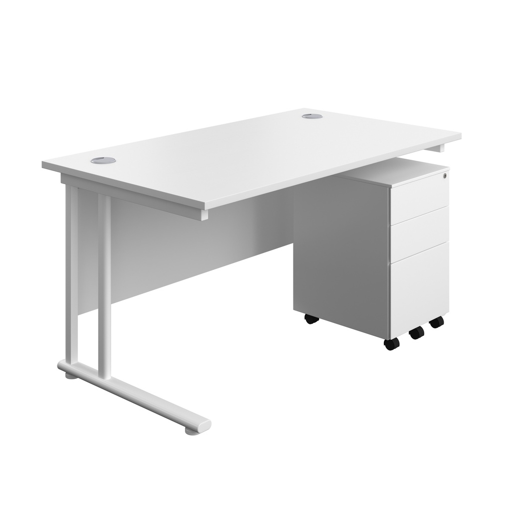 Twin Upright Rectangular Desk + Under Desk Steel Pedestal 3 Drawers (FSC) | 1400X800 | White/White | 