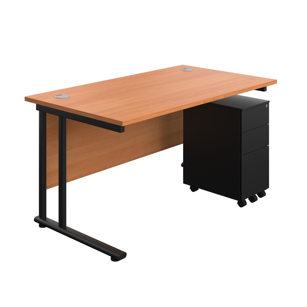 Twin Upright Rectangular Desk + Slimline Steel Pedestal 3 Drawers (FSC) | 1400X800 | Beech/Black | 