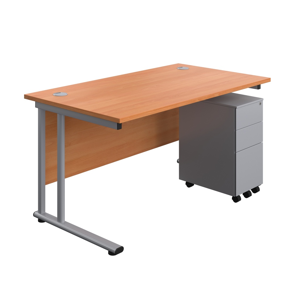 Twin Upright Rectangular Desk + Slimline Steel Pedestal 3 Drawers (FSC) | 1400X800 | Beech/Silver | 