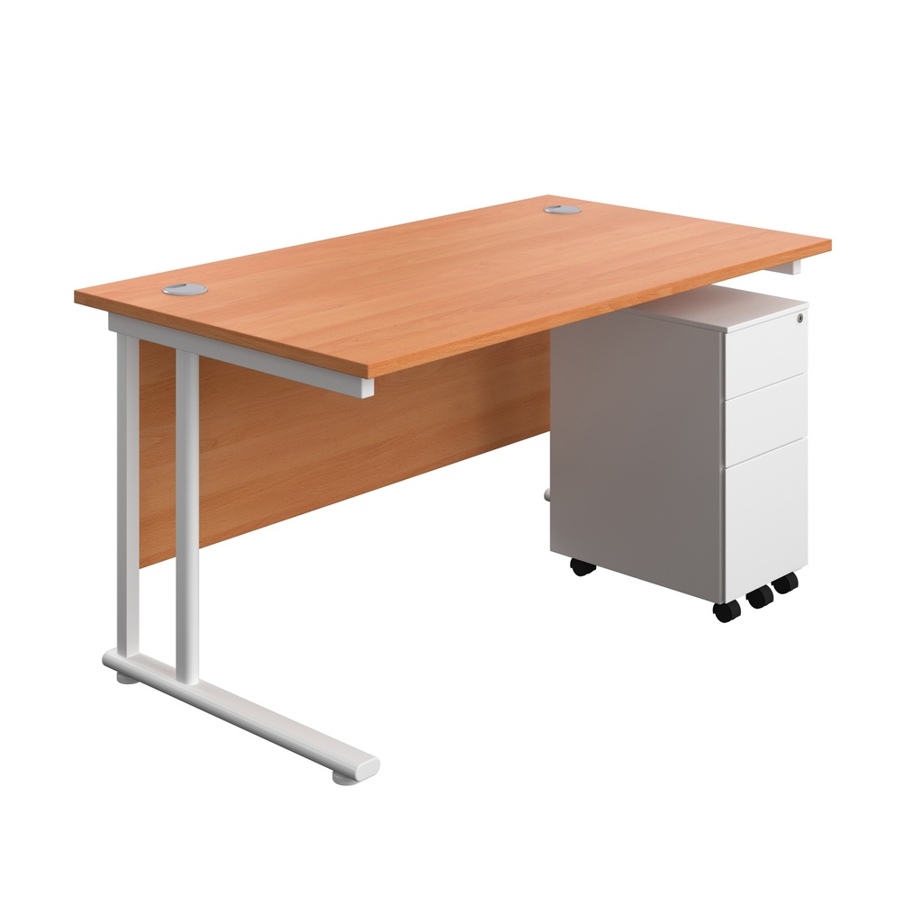 Twin Upright Rectangular Desk + Slimline Steel Pedestal 3 Drawers (FSC) | 1400X800 | Beech/White | 