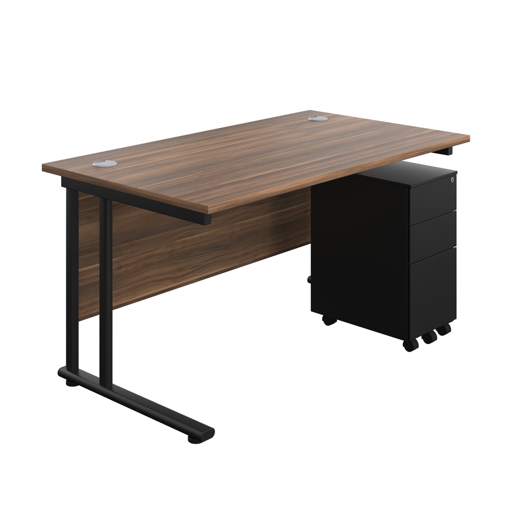 Twin Upright Rectangular Desk + Slimline Steel Pedestal 3 Drawers (FSC) | 1400X800 | Dark Walnut/Black | 