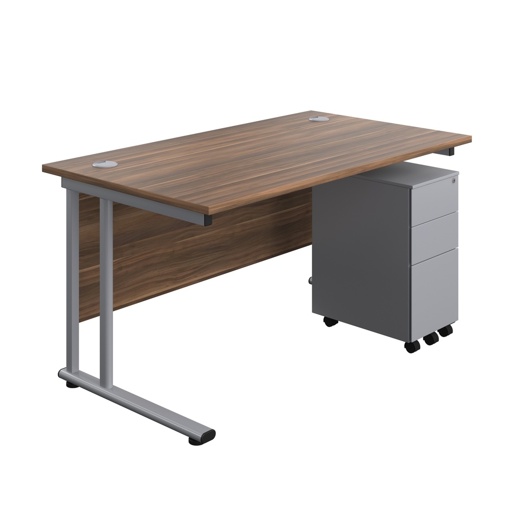 Twin Upright Rectangular Desk + Slimline Steel Pedestal 3 Drawers (FSC) | 1400X800 | Dark Walnut/Silver | 