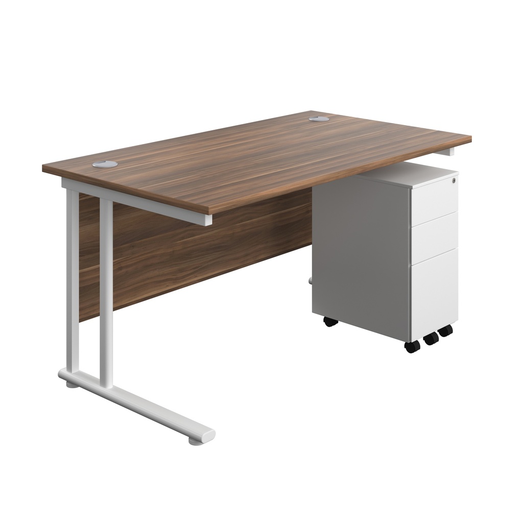 Twin Upright Rectangular Desk + Slimline Steel Pedestal 3 Drawers (FSC) | 1400X800 | Dark Walnut/White | 