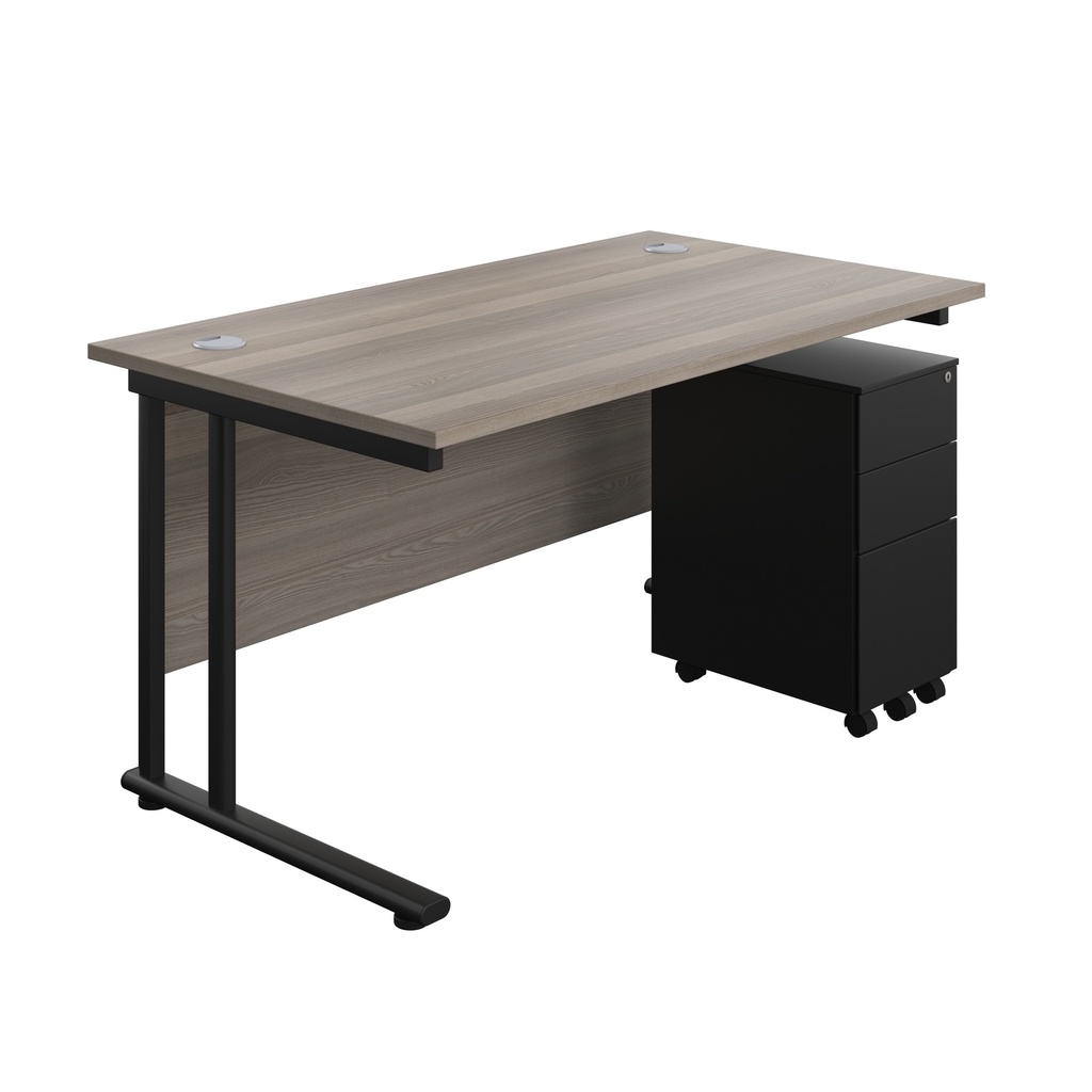 Twin Upright Rectangular Desk + Slimline Steel Pedestal 3 Drawers (FSC) | 1400X800 | Grey Oak/Black | 