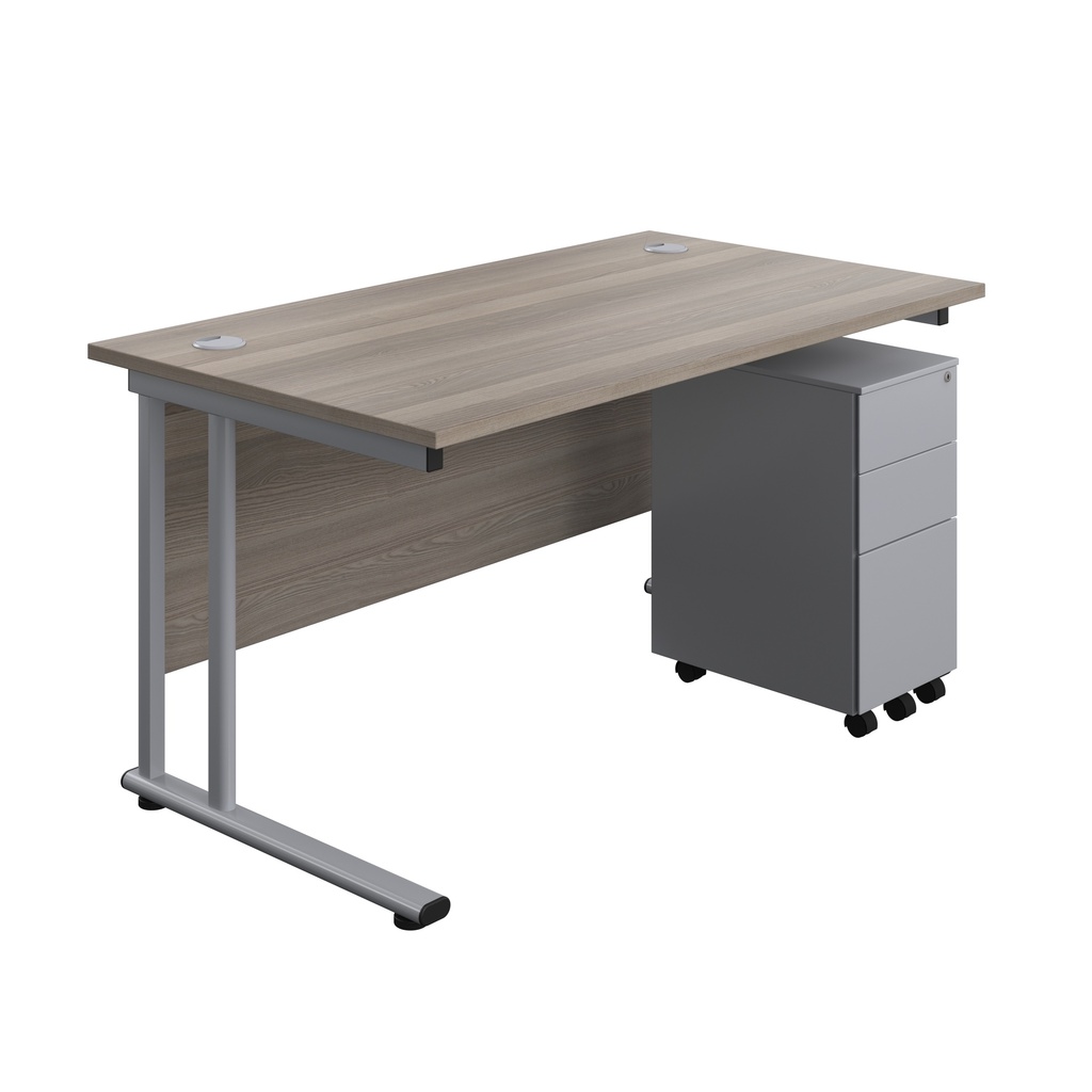 Twin Upright Rectangular Desk + Slimline Steel Pedestal 3 Drawers (FSC) | 1400X800 | Grey Oak/Silver | 