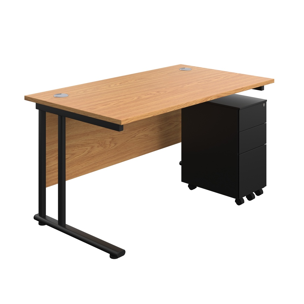 Twin Upright Rectangular Desk + Slimline Steel Pedestal 3 Drawers (FSC) | 1400X800 | Nova Oak/Black | 