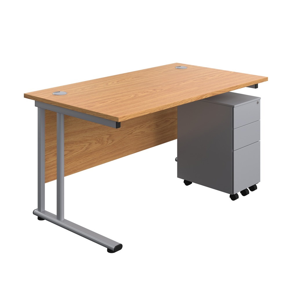 Twin Upright Rectangular Desk + Slimline Steel Pedestal 3 Drawers (FSC) | 1400X800 | Nova Oak/Silver | 