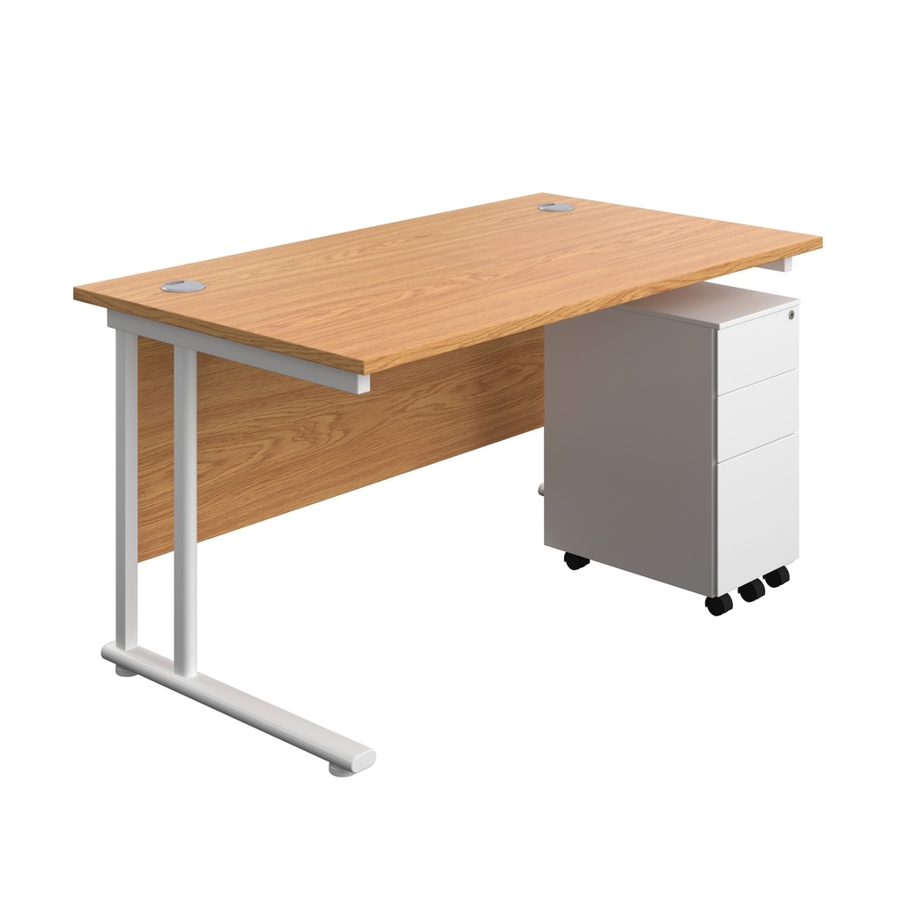 Twin Upright Rectangular Desk + Slimline Steel Pedestal 3 Drawers (FSC) | 1400X800 | Nova Oak/White | 