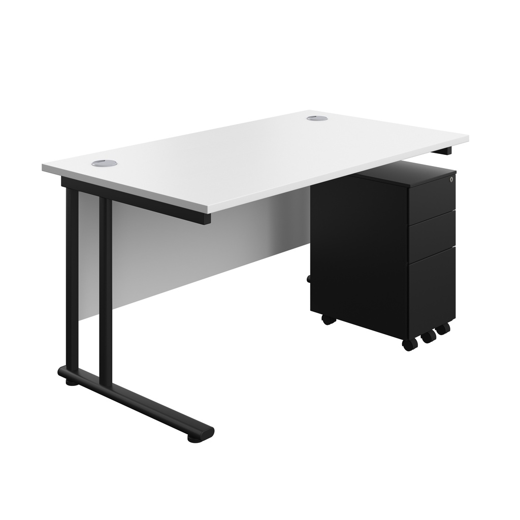 Twin Upright Rectangular Desk + Slimline Steel Pedestal 3 Drawers (FSC) | 1400X800 | White/Black | 