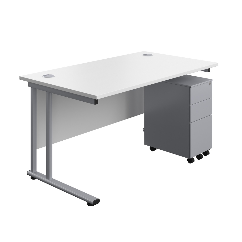 Twin Upright Rectangular Desk + Slimline Steel Pedestal 3 Drawers (FSC) | 1400X800 | White/Silver | 