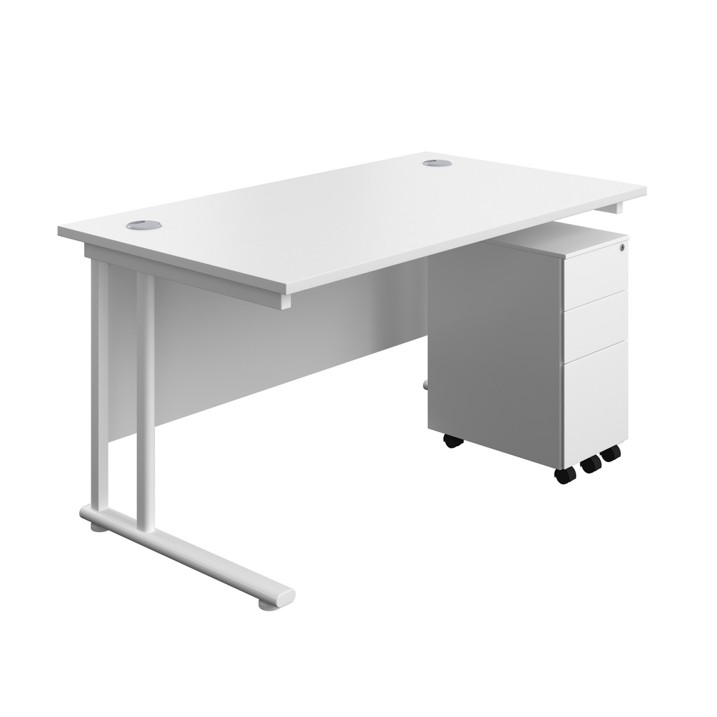 Twin Upright Rectangular Desk + Slimline Steel Pedestal 3 Drawers (FSC) | 1400X800 | White/White | 