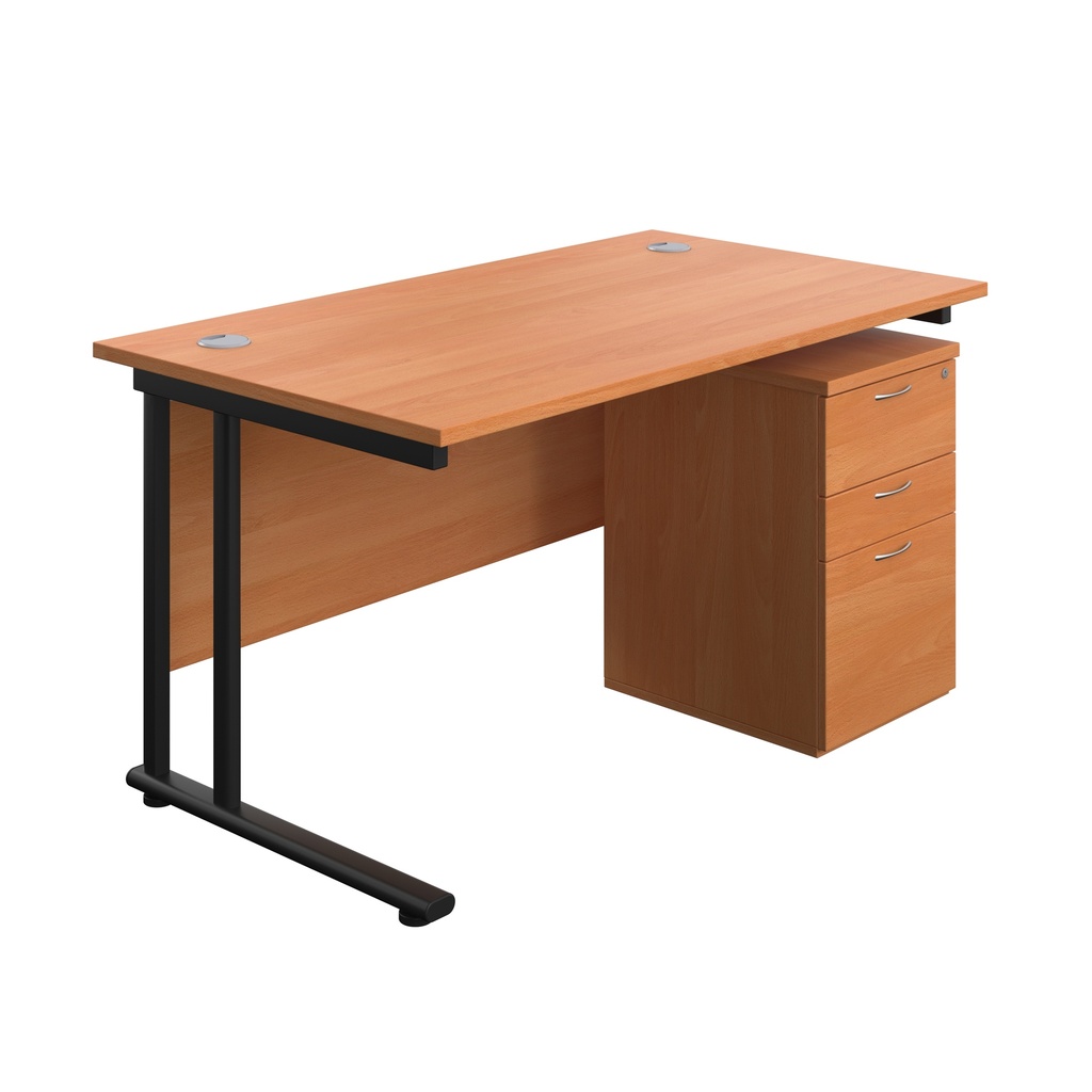 Twin Upright Rectangular Desk + High Mobile Pedestal 3 Drawer (FSC) | 1400X800 | Beech/Black | 