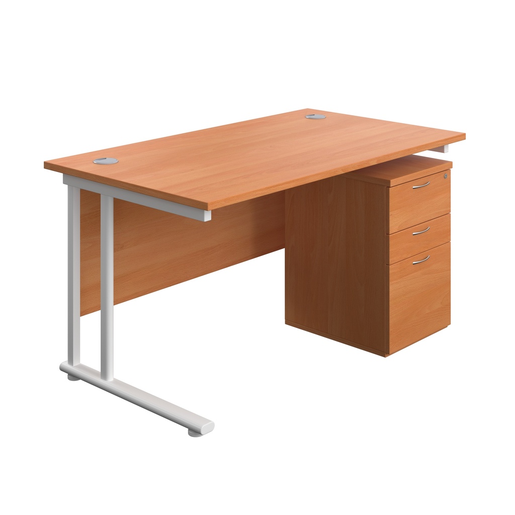 Twin Upright Rectangular Desk + High Mobile Pedestal 3 Drawer (FSC) | 1400X800 | Beech/White | 