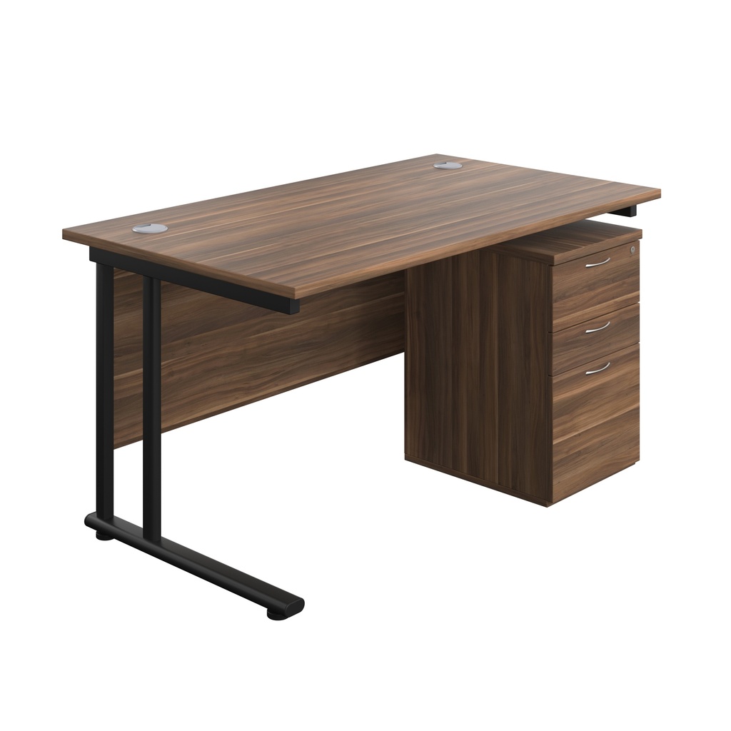Twin Upright Rectangular Desk + High Mobile Pedestal 3 Drawer (FSC) | 1400X800 | Dark Walnut/Black | 