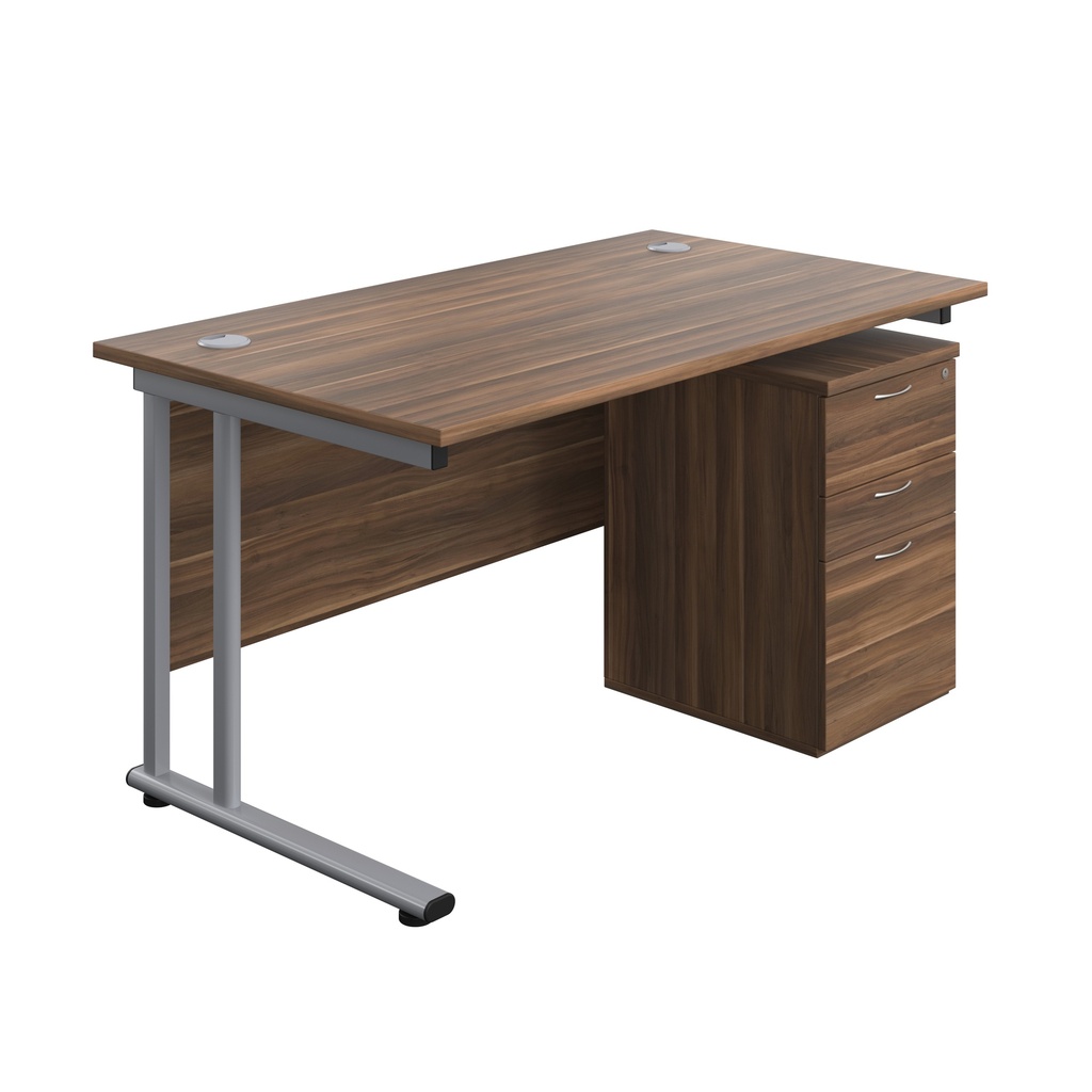 Twin Upright Rectangular Desk + High Mobile Pedestal 3 Drawer (FSC) | 1400X800 | Dark Walnut/Silver | 