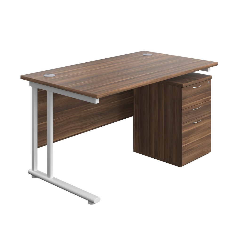 Twin Upright Rectangular Desk + High Mobile Pedestal 3 Drawer (FSC) | 1400X800 | Dark Walnut/White | 
