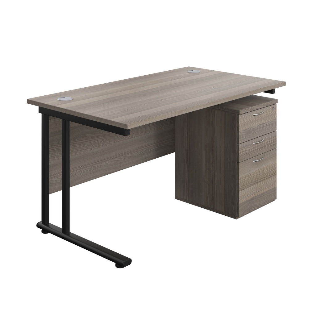 Twin Upright Rectangular Desk + High Mobile Pedestal 3 Drawer (FSC) | 1400X800 | Grey Oak/Black | 