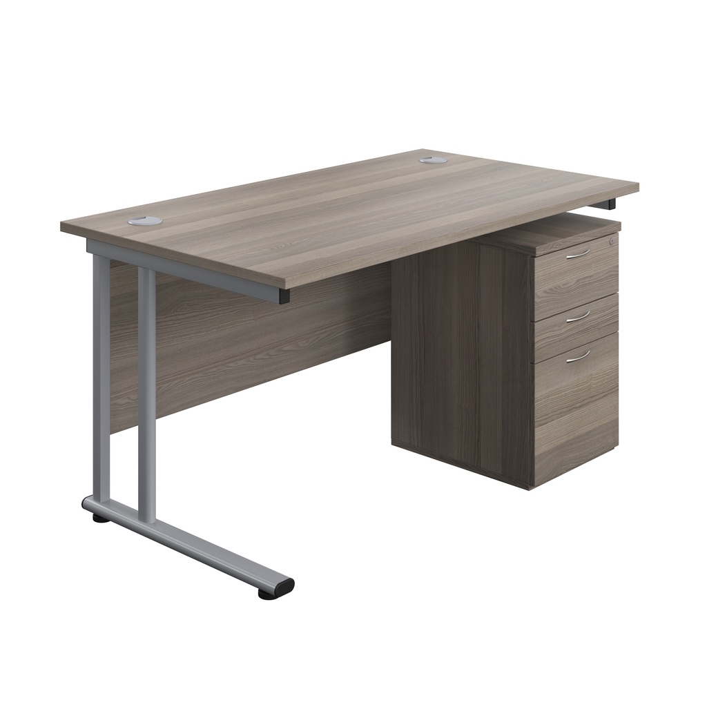 Twin Upright Rectangular Desk + High Mobile Pedestal 3 Drawer (FSC) | 1400X800 | Grey Oak/Silver | 