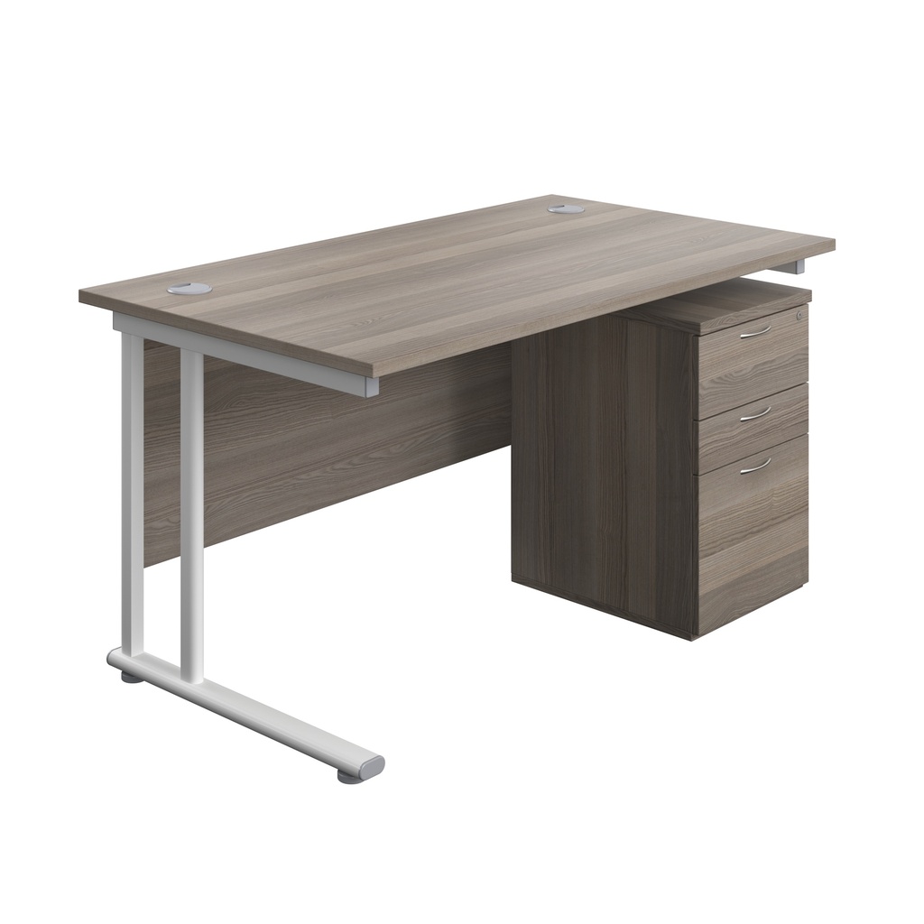 Twin Upright Rectangular Desk + High Mobile Pedestal 3 Drawer (FSC) | 1400X800 | Grey Oak/White | 
