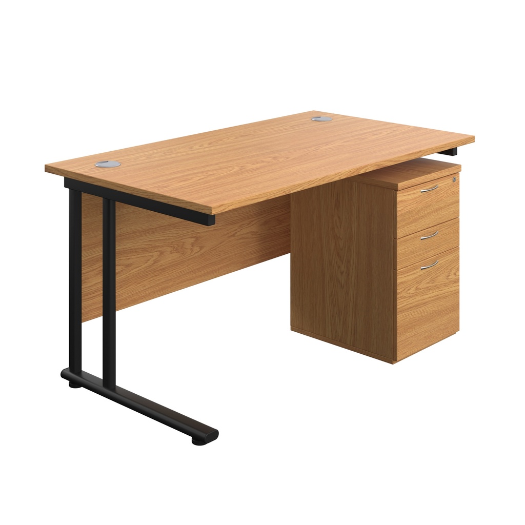 Twin Upright Rectangular Desk + High Mobile Pedestal 3 Drawer (FSC) | 1400X800 | Nova Oak/Black | 