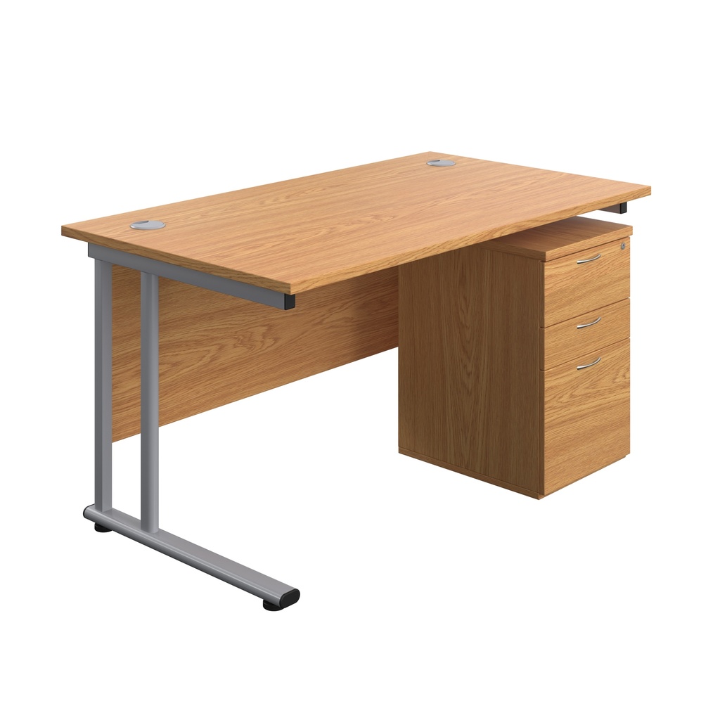 Twin Upright Rectangular Desk + High Mobile Pedestal 3 Drawer (FSC) | 1400X800 | Nova Oak/Silver | 