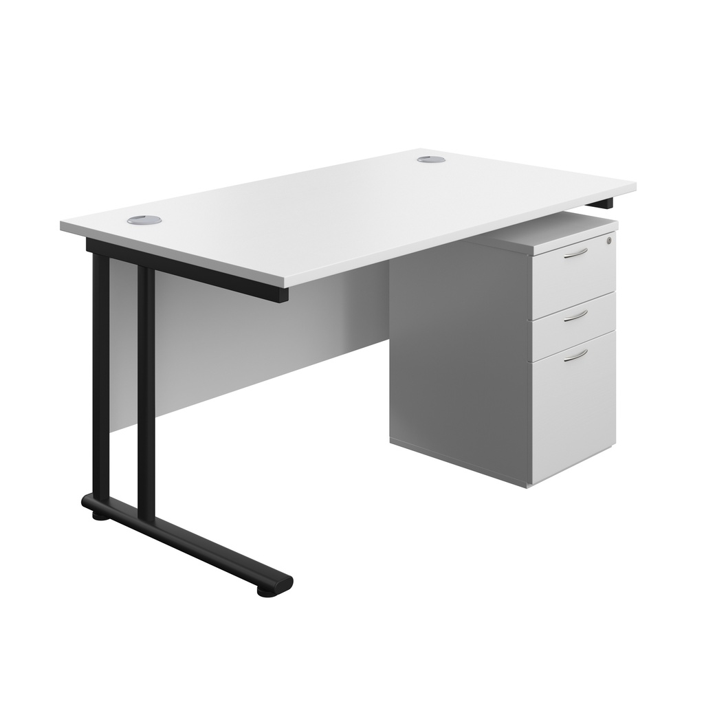 Twin Upright Rectangular Desk + High Mobile Pedestal 3 Drawer (FSC) | 1400X800 | White/Black | 
