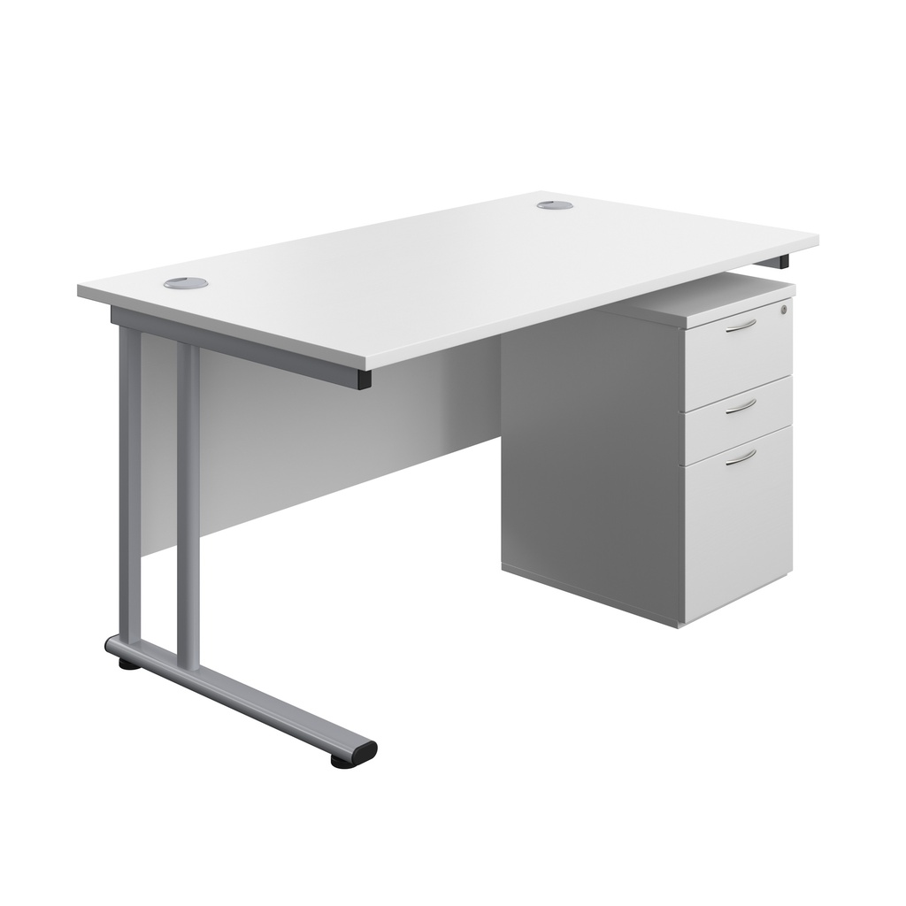 Twin Upright Rectangular Desk + High Mobile Pedestal 3 Drawer (FSC) | 1400X800 | White/Silver | 