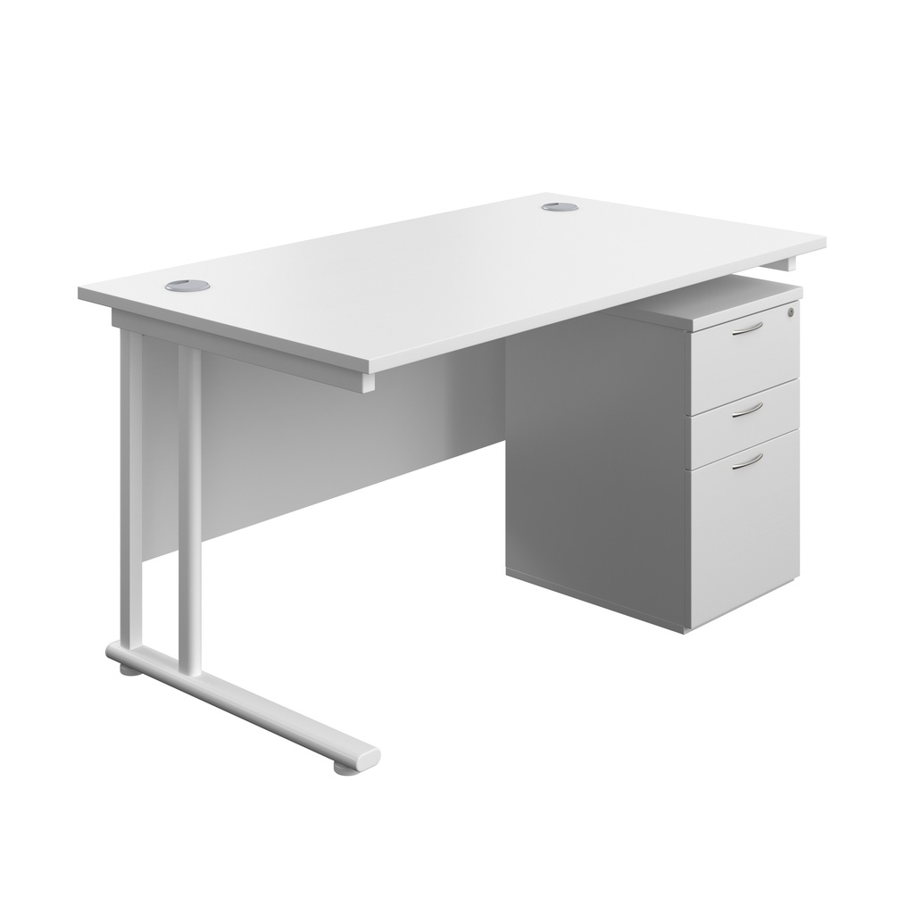 Twin Upright Rectangular Desk + High Mobile Pedestal 3 Drawer (FSC) | 1400X800 | White/White | 