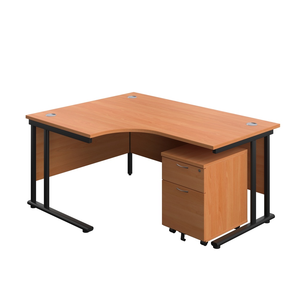 Twin Upright Left Hand Radial Desk + Mobile 2 Drawer Pedestal (FSC) | 1600X1200 | Beech/Black | 