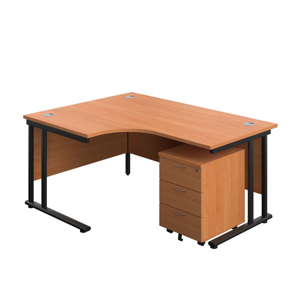 Twin Upright Left Hand Radial Desk + Mobile 3 Drawer Pedestal (FSC) | 1600X1200 | Beech/Black | 