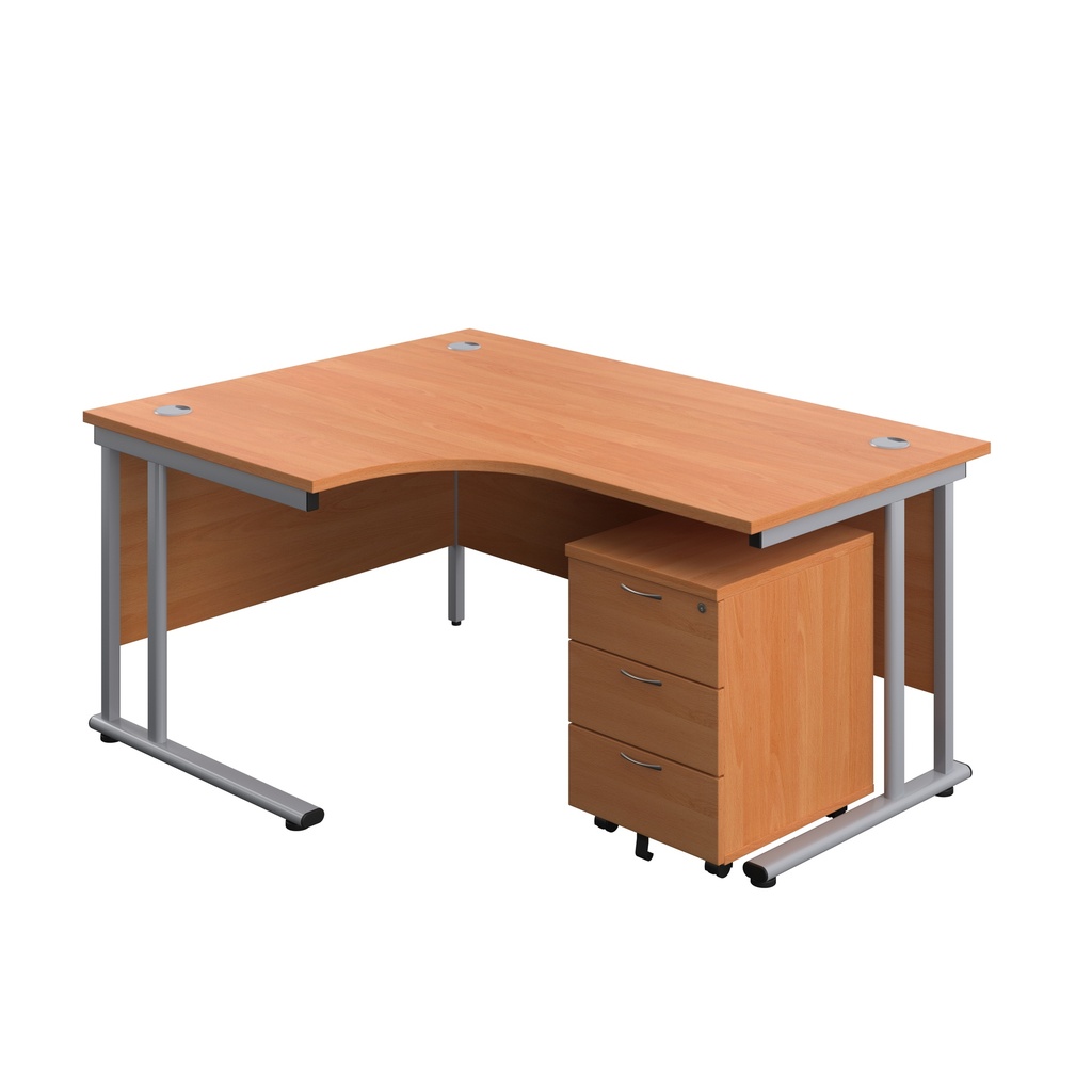 Twin Upright Left Hand Radial Desk + Mobile 3 Drawer Pedestal (FSC) | 1600X1200 | Beech/Silver | 