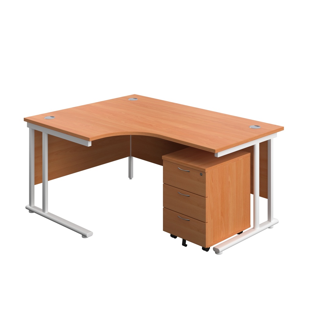 Twin Upright Left Hand Radial Desk + Mobile 3 Drawer Pedestal (FSC) | 1600X1200 | Beech/White | 